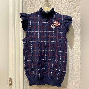 Janie and Jack Girls size 7 Blue Plaid Sweater Vest Blouse Embroidered